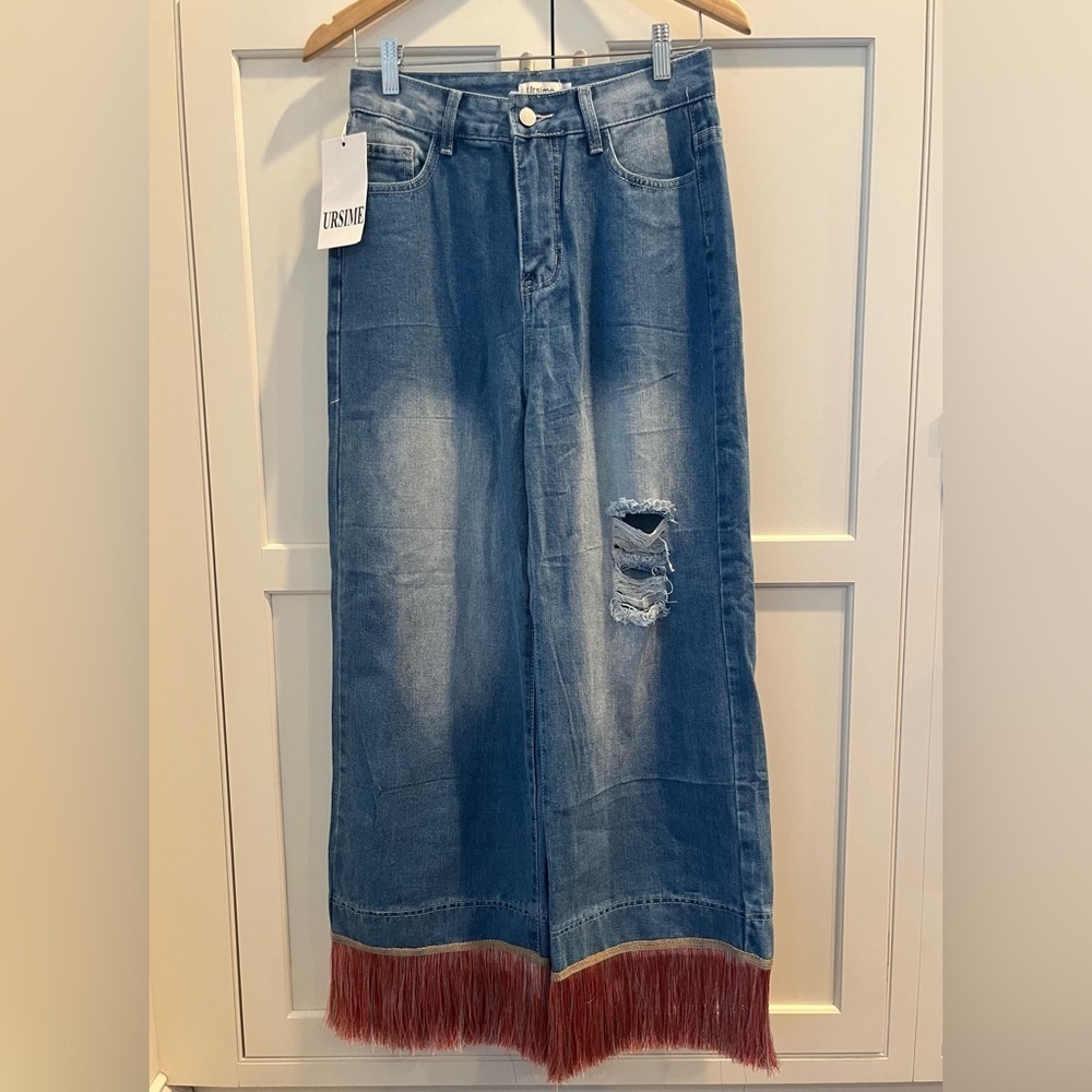 Ursime women’s size S boho high rise fringe jeans NWT